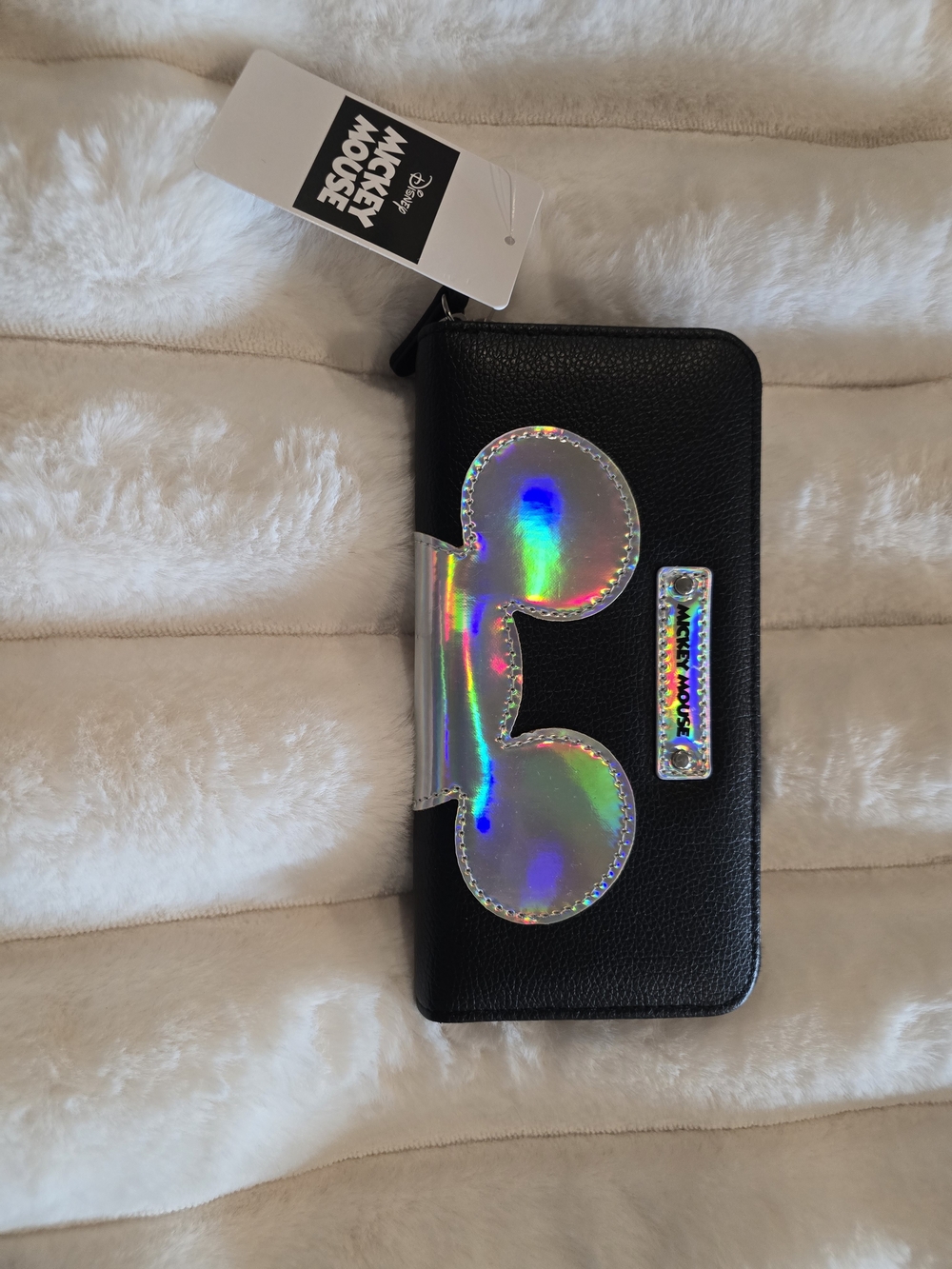 Disney Black Zip Wallet with Holographic Mickey Ear Accent